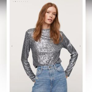 Mango Silver Sequin Long-Sleeve Top